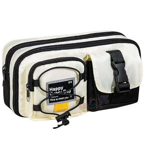 Image of Alokik Multi-Compartment Pencil Pouch Large Capacity Pen Case with Zipper & Buckle Pocket, Durable Canvas Stationery Organizer for School Office Travel, Stylish Storage Case(Black Happy Every Day)