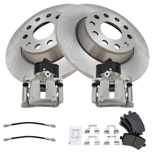 Image of TRQ Rear Brake Pad and Rotor Set Semi Metallic Rotors Calipers Compatible with 2009-2016 Volkswagen CC 2009-2017 Tiguan 2018 Tiguan Limited