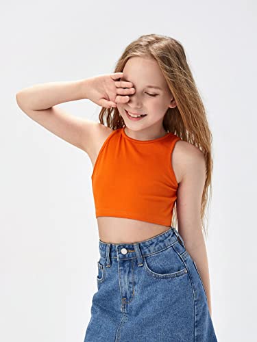 Oyoangle Girl's Casual Solid Sleeveless Round Neck Slim Fit Basic Crop Tank Top Orange 9Y #TOP2