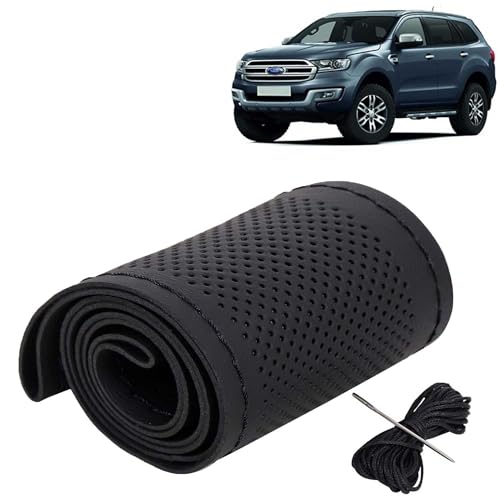 Image of KINGSWAY PU Leatherite Car Steering Cover Sewable Compatible with Ford Endeavour (Year 2015-2018), Black Color with Black Thread, Pack of 1 with Sewing Needle and Thread