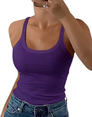 GEMBERA Débardeurs côtelés à bretelles spaghetti et col rond pour femme - Camisole ajustée en coton basique sans manches, violet, Taille XL