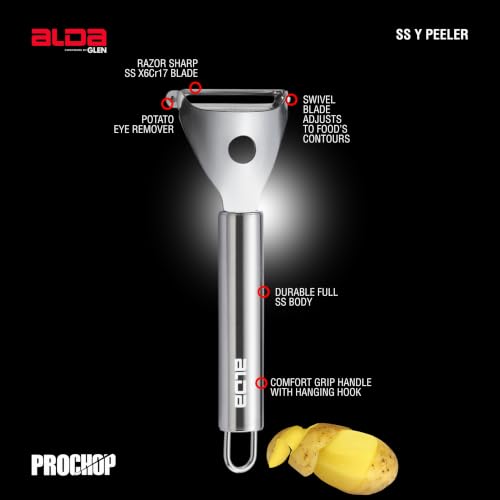 Image of Alda ProChop Stainless Steel Vegetable Peeler, Razor Sharp X6Cr17 SS Swivel Blade, Potato Eye Remover, Heavy-Duty Full Stainless Steel Body, Ergonomic Comfort Grip Handle with Hanging Hook