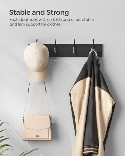 Image of SONGMICS Wall-Mounted Coat Rack, Hook Rack, 4 Dual Metal Hooks, Black | For Coats, Bags, Keys, in the Entryway, Bedroom, Living Room ULHR023B01