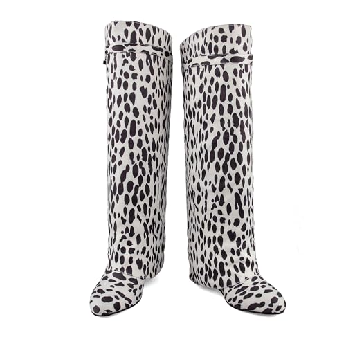 Image of keleimusi Fold Over Wedge Boots Heeled PadLock Pant Knee High Shoes Tall /Short Booties in Cow Print