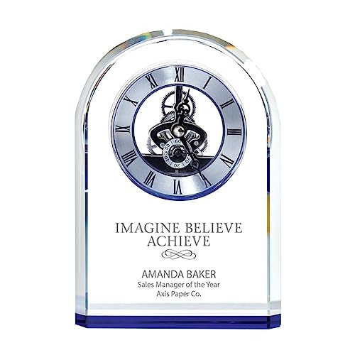 Blue Accent Arched Skeleton Clock - Personalized Engraving Up to Three Lines and Pre-Written Verse Selection