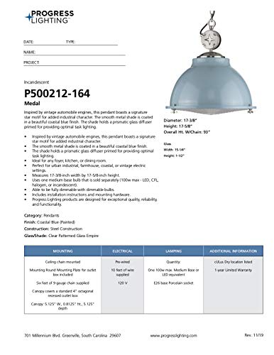 Progress Lighting Medal Collection 1-Light Clear Patterned Glass Coastal Pendant Light Coastal Blue - Image 6