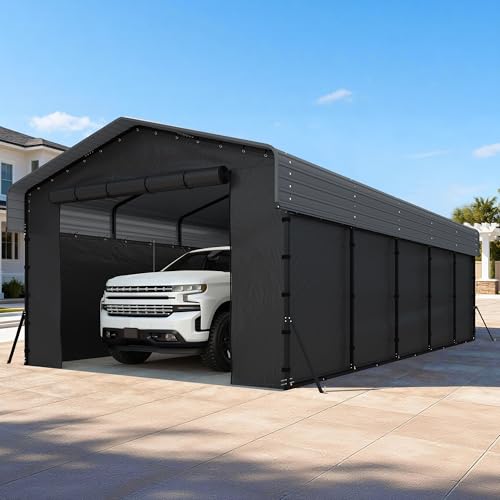 13x26FT Heavy Duty Metal Carport,Outdoor Garage with Removable Sidewalls & Doors, Heavy Duty Steel Frame and Galvanized Roof for Cars and Boats, Gray