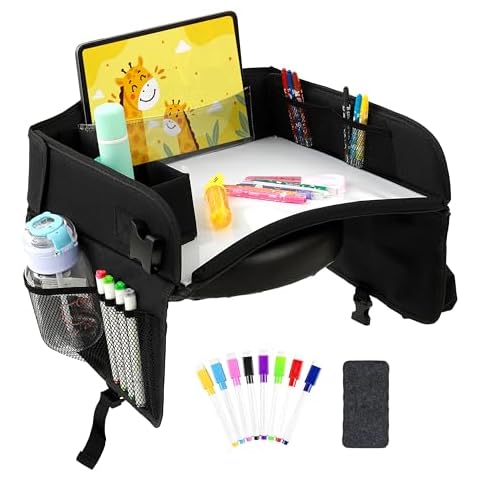 EcoZen Lifestyle White Board Dry Erase Kids Travel Tray Activity Table for Kids – 16.5"x13"x4.5" Car iPad Holder and Portable Folding Lap Desk for Kids with Paper Storage Pockets, 8 Markers and Eraser Cover