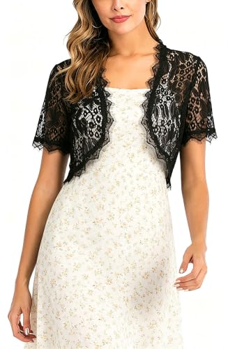 Boléro Dentelle Femme Gilet Court Veste Ouverte Chic Elégant Mariage Manche Courte pour Robe Tee Shirt Soirée Fête Décontracté Céréomonie Noir XL
