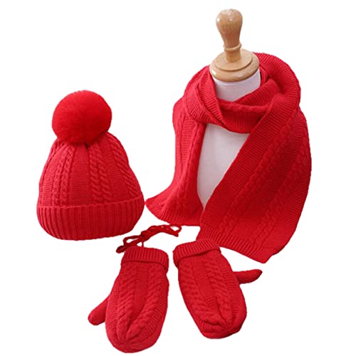 Conjunto de punto para niños con gorro de pompones bufanda y guantes 3