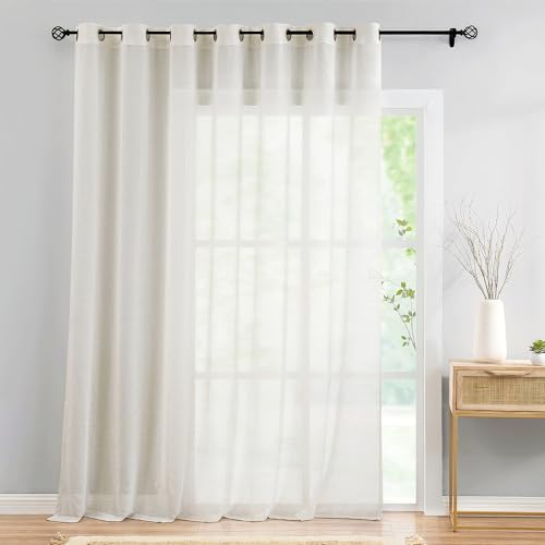 Image of FMFUNCTEX Linen Sheer Sliding Door Curtains for Bedroom, Beige Curtains 96 Inches Long Window Curtain Drapes for Living Room, Natural Patio Glass Door Extra 100 Wide Curtain, Grommet Top 1 Panel