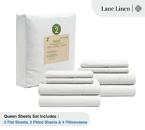Image of LANE LINEN 100% Organic Cotton Queen Sheets, 8Pc Queen Bed Sheets, Soft & Breathable Queen Size, Crisp Percale Weave, Hotel-Quality Bedding Sheet & Pillowcases - White (2 Pack)