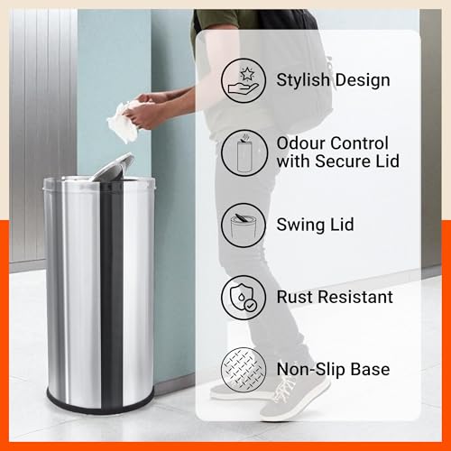 Image of Bathla Stainless Steel Swing Dustbin with Lid for Home, Office & Kitchen - 14 Litres | Swing Lid Trash Can | Durable & Rust-Resistant Garbage Bin