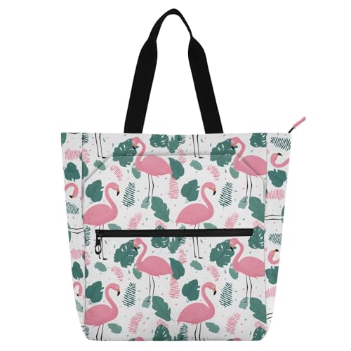 Flamingo Leaf Dot Tote Bag for Book Lovers Reusable Bags with Zipper Pocket for School Work Shopping