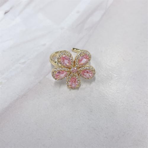 Dainty Pink CZ Flower Adjustable Open Rings for Women Sparkly Crystal Cubic Zirconia Floral 18k Gold Plated Statement Finger Band Engagement Promise Ring Comfort Fit Trendy Jewelry2