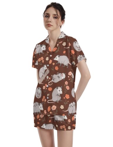 Image of Funny Pajamas for Women Set Print Satin Loungewear Pjs Short Sleeve Button Down Top and Shorts Sets Sleepwear XS-3XL