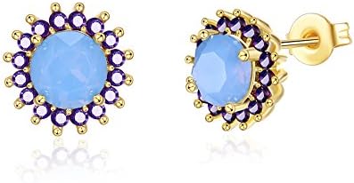 FILMA Blue Opal Purple Bloom Crystal Rounded Gold Plated Stud Piercing Earrings For Women Girls Jewelry