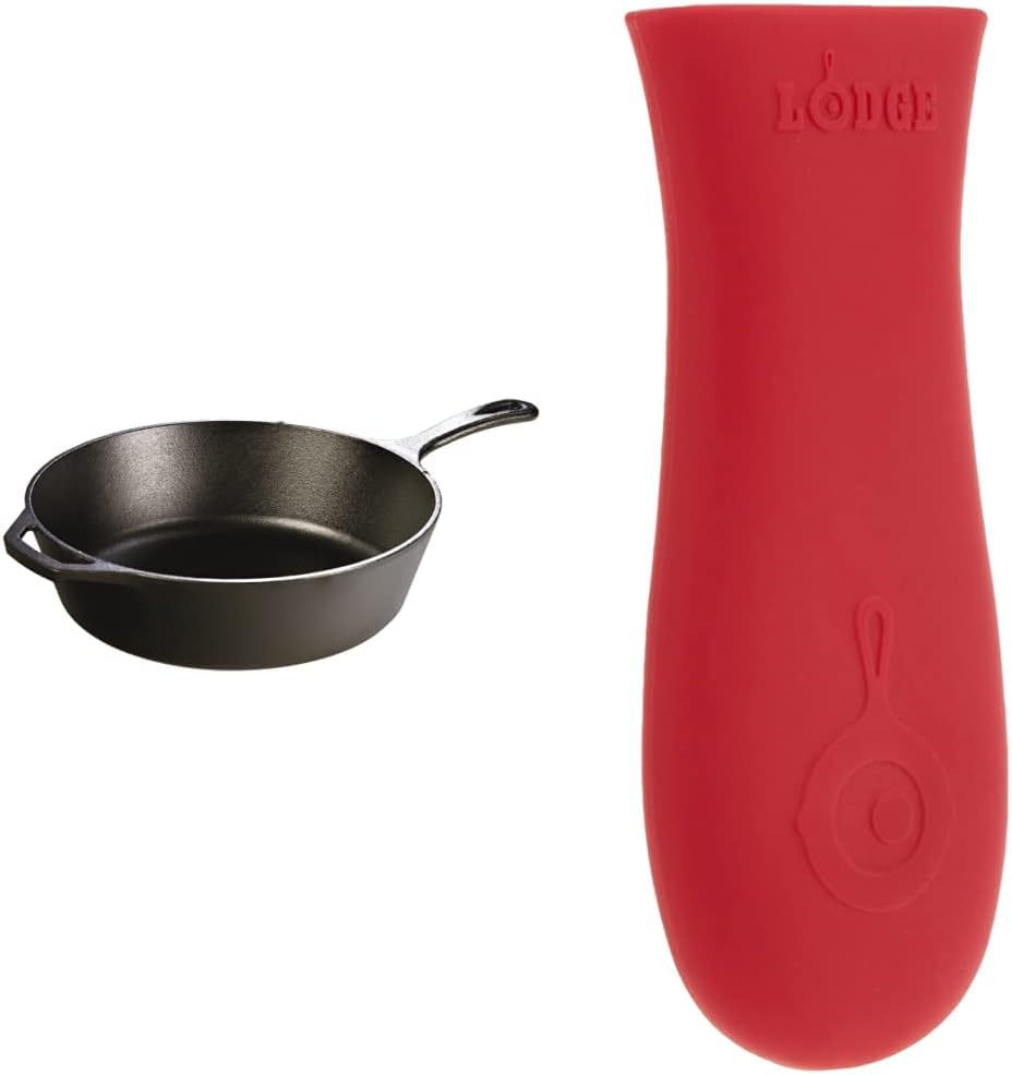 Lodge Cast Iron Deep Skillet, 12 inch & Silicone Hot Cast Iron Skillet Handle Holder, 5-5/8" L x 2", Red