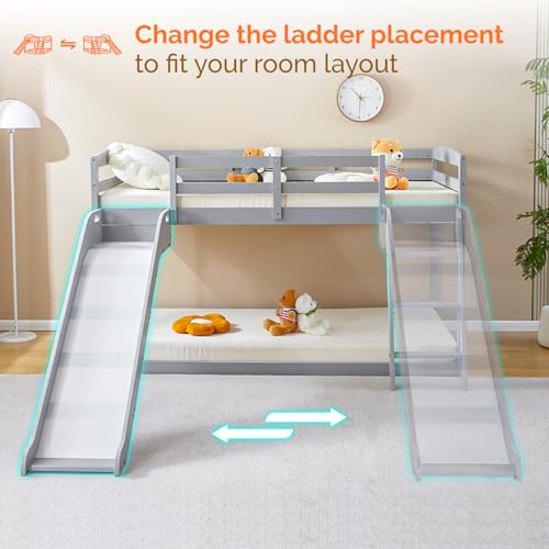 JOYMOR Bunk Bed with Curved Slide, Bunk Bed Twin Over Twin, Bunk Bed with Slide and Angled Ladder, Solid Pine Wood Slide Bed,14" Safety Guardrail, Anti-Slip Steps