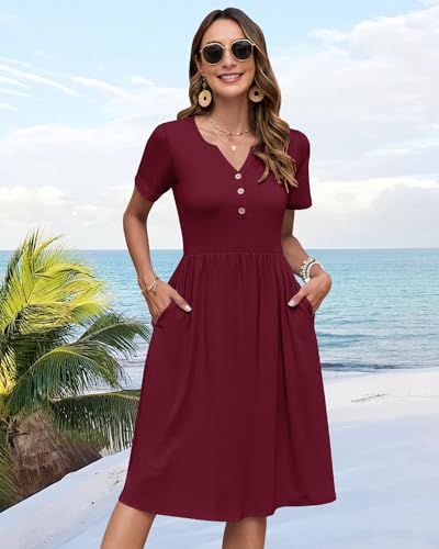 Image of WNEEDU Women V Neck Button Down Empire Waist Midi Summer Dress with Pockets