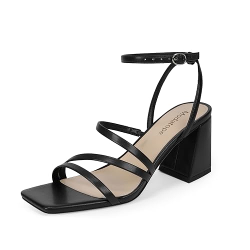 Modatope Black Heels for Women Ankle Strap Square Open Toe