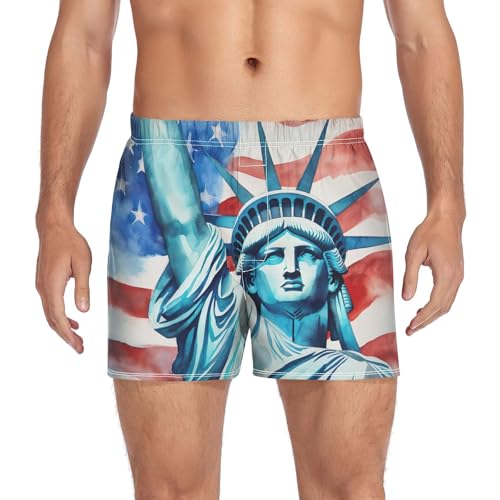 Usa Flag Statue Of Liberty Men's Cotton Boxer Shorts Sleep Shorts Underwear Pajama Bottoms with Button Fly