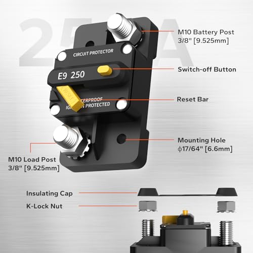 Image of LiTime 250A Circuit Breaker 12V-48V DC, M10 (3 /8 inch) Post Size, Surface Mount