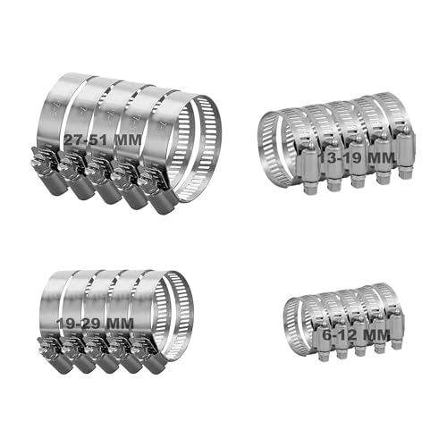 Juego de 20 clips Jubilee surtidos para manguera y tubería de 6 a 51 mm, abrazaderas de unión de tubo de accionamiento sin fin ajustables, acero inoxidable 304 para jardín, piscina, lavadora y más, 4