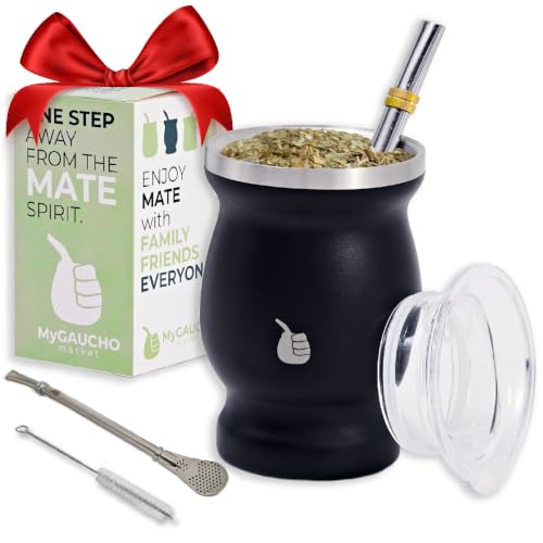 Image of MyGaucho Yerba Mate Cup Gourd Set, 8oz, 2 Bombillas & Spill-Prev Lid | Stainless Steel Mate Cup, BPA-free lid & cleaning brush, comfortable sipping, and simple cleanup at home, work, or on the go