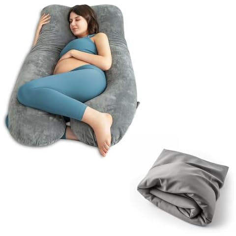 QUEEN ROSE U Shaped Pregnancy Pillow Velvet Grey and Extra Cooling Pillowcase Grey Cover