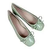 JiangWei Shu Women's Classic Bow Square Toe Ballet Flats Comfortable Casual Flats Slip On Office Shoes, Mint Green US 4