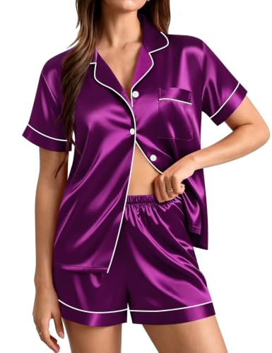 Image of SWOMOG Womens Silk Satin Pajamas Set Short Sleeve Sleepwear Button Down Top and Shorts Loungewear 2 Piece Pjs Set XS-3XL