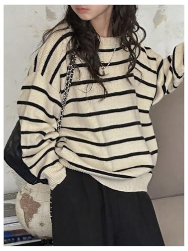 Girl's Striped Button Back Sweater Crewneck Long Sleeve Drop Shoulder Knit Jumper Tops4