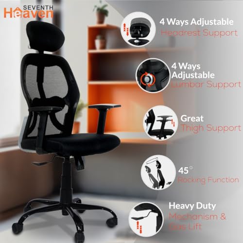 Image of Seventh Heaven Venus Ergonomic Office Chair in High Back with Adjustable Armrests, Headrest & Dynamic Lumbar Support, Synchro Tilt Mechanism: (Heavy Duty Metal Base, Black)