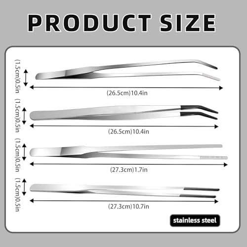 KAIYAYA 4 Stück Aquarium Pinzetten Set, Pinzette Lang 27 cm mit Gummispitze, Gerade und Gebogene Pinzette Edelstahl Pinzetten Groß für Wasserpflanze Zange Futterzange Pflanzenpinzette Gartenarbeiten