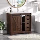 ONBRILL 36" Farmhouse Barn Door Bathroom Vanity with Sink, 4 Drawers, Brown