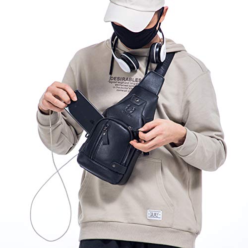 Image of BULLCAPTAIN Genuine Leather Sling Bag with USB Charging Port Multi-pocket Chest Bag for Men Hiking Travel Daypack XB-129