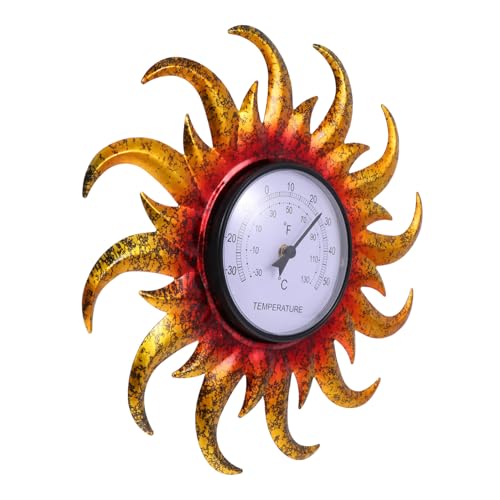 Happyyami Outdoor Thermometer Metal Sun Wall Sculpture Temperature Gauge Wall Mounted Temperature Wall Sunflower Sculpture goblincore Room Decor Wall Thermometer Iron Wall-Mounted Probe