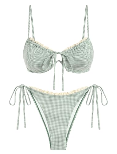 ZAFUL Women High Cut Bikini Sets String Sexy Swimsuit Two Piece Underwire Bathing Suit Brazilian Cheeky Cut Out Cute Swimwear Gingham Green S