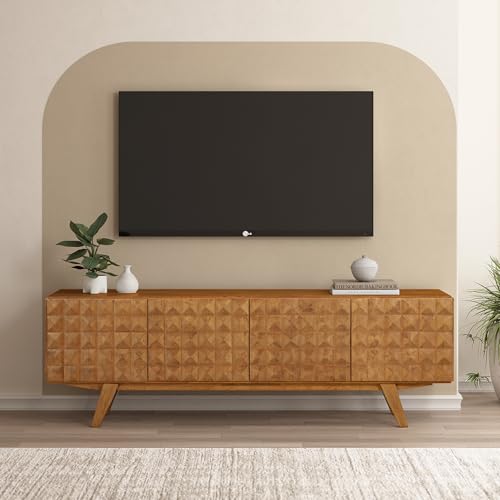NTC Sapa Mid-Century Modern Solid Wood TV Stand 4-Door Media Console with Carved Geometric Fronts for TVs up to 75