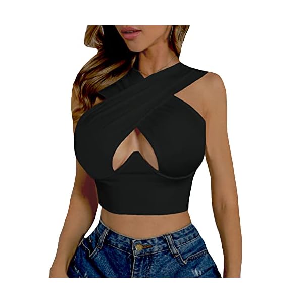 LYANER-Womens-Cut-Out-Crisscross-Halter-Vest-Wrap-Crop-Top-Sexy-Cami-Tank-Tops LYANER Women's Plain Pullover Underwire Sleeveless Tank Crop Top Black Large