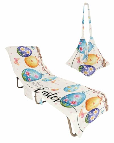 Easter Eggs Beach Chair Towel Covers for Chaise Lounge with Side Pocket, Soft Plush Pool Towels Cover for Patio Sunbathing Outdoor 29''x85'' Colorful Flower Spring Summer Seasonal Holiday