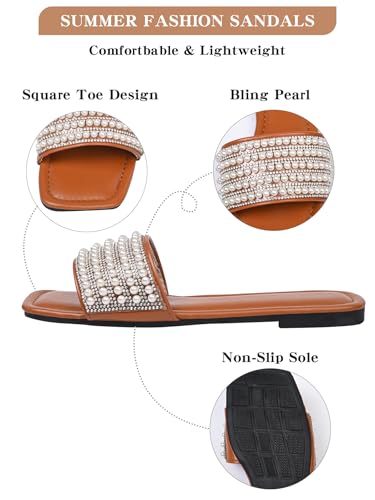Women's Pearls Decro Flat Glitter Rhinestone Sandals Open Toe Slip On Slippers2