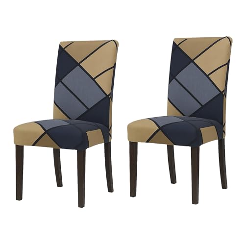 Image of Stretchable Dining Chair Cover - Washable, Removable, Anti-Slip, Protector, Universal Fit (Set of 2, Grey & Beige Geometric)