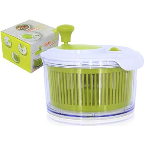 Small Salad Spinner with clear serving bowl, colander basket, smart-lock lid, easy drain system, non-slip base. 16cm|6in diam. Washes, dries & dresses lettuce, herbs, vegetables & fruit. Compact Cover