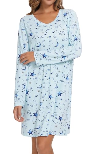 Image of Kabento 2 Pack Long Sleeve Nightgowns for Women Soft Cotton Night Gowns Sleepwear V Neck Nightshirts