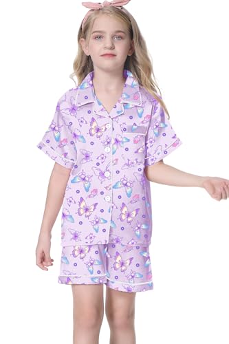 Image of Umeyda Women & Girls Pajamas Set, Soft Satin Lightweight Silk Button-Down Top with Shorts 2 Piece PJS for Mom Boys Kids Gifts