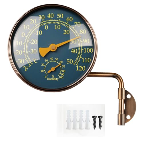 Foxyoo 4-Inch Outdoor Thermometer and Humidity Gauge Window Thermometer for Outside Temperature and Humidity Monitor Brass Analog Dial Battery-Free for Patio Garage Greenhouse Garden Wall