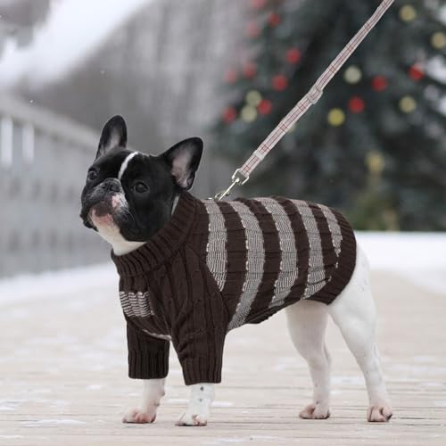 Hjumarayan Hundepullover Kleine Hunde - Pullover Hund mit Geschirrloch, Warm Hunde Strickpullover Winter mit Beinen, Pit-Streifen Hundepulli für Malteser, Zwergpudel, Braun S
