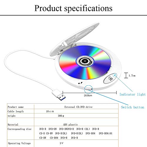 External DVD Drive USB 3.0, Dainty Portable CD DVD +/-RW Drive Slim DVD/CD ROM Rewriter Burner Writer, High Speed Data Transfer for Laptop/MacBook/Desktop/MacOS/Windows10/8/7/XP (White silver) (white)